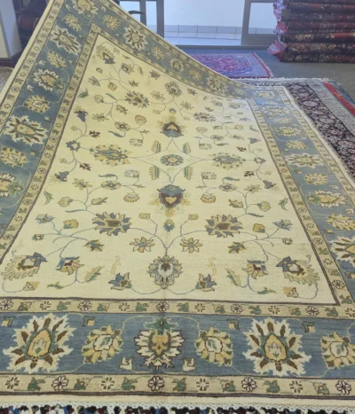 Hand-knotted Chobi Ziegler rug, Size: 290 x 200 cm, Floral Arabesque sky-blue field with ivory accented, natural wool & vegetable dyes.
