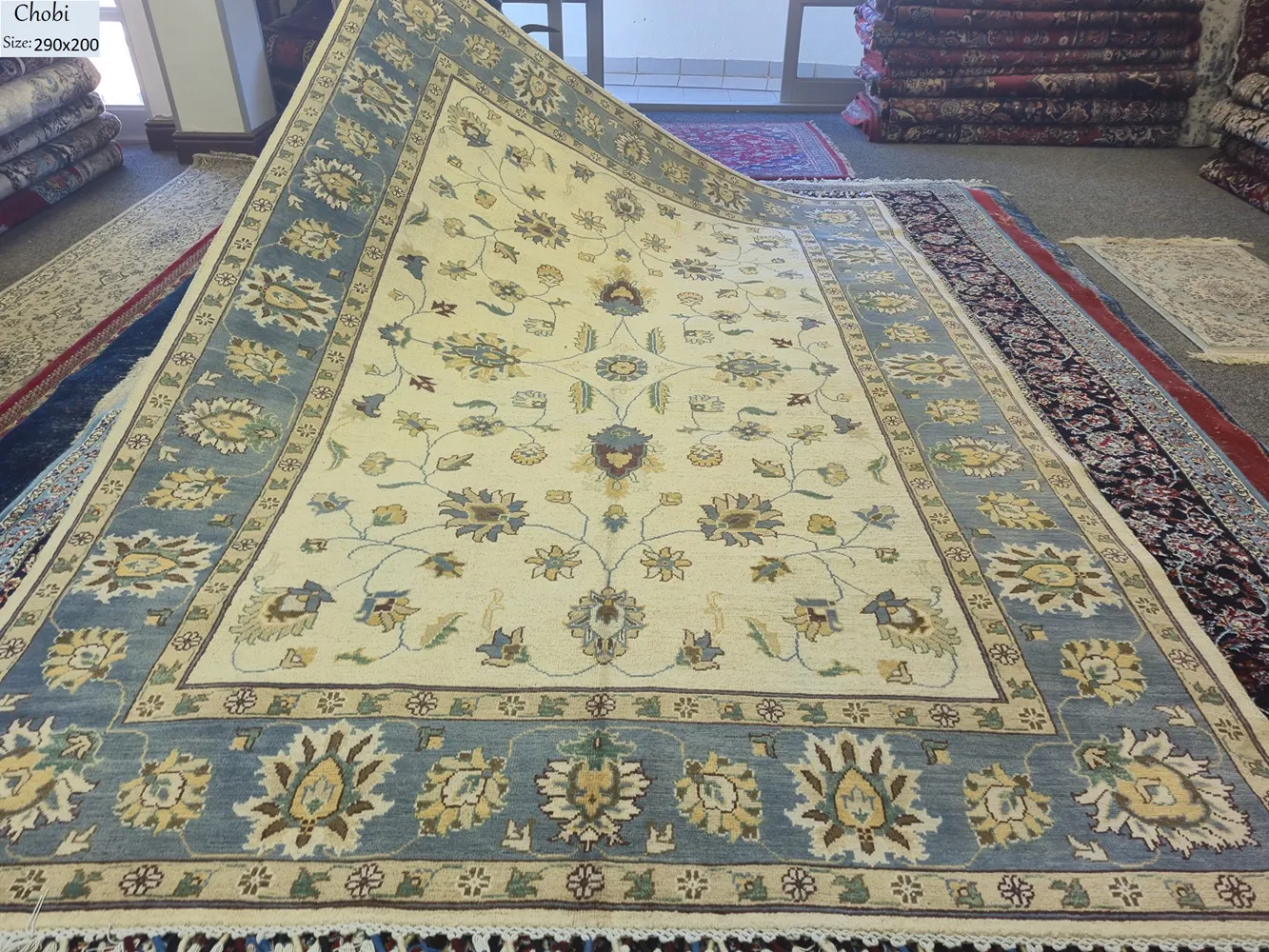 Hand-knotted Chobi Ziegler rug, Size: 290 x 200 cm, Floral Arabesque sky-blue field with ivory accented, natural wool & vegetable dyes.