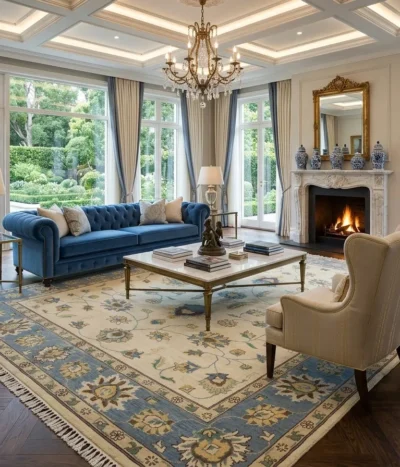 Hand-knotted Chobi Ziegler rug, Size: 290 x 200 cm, Floral Arabesque sky-blue field with ivory accented, natural wool & vegetable dyes.