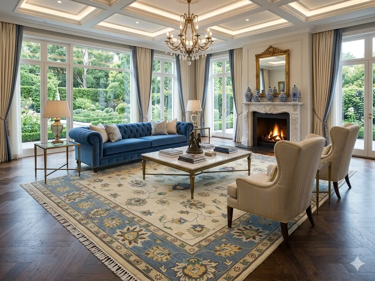 Hand-knotted Chobi Ziegler rug, Size: 290 x 200 cm, Floral Arabesque sky-blue field with ivory accented, natural wool & vegetable dyes.