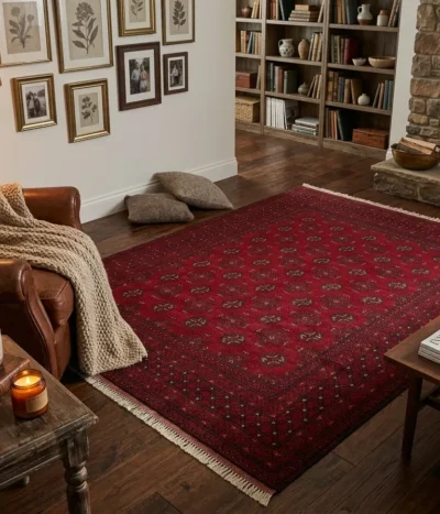 Handmade Afghan Bokhara, Size: 238 x 173 cm,  deep madder red, 100% High-quality wool pile, Primarily natural vegetable dyes.
