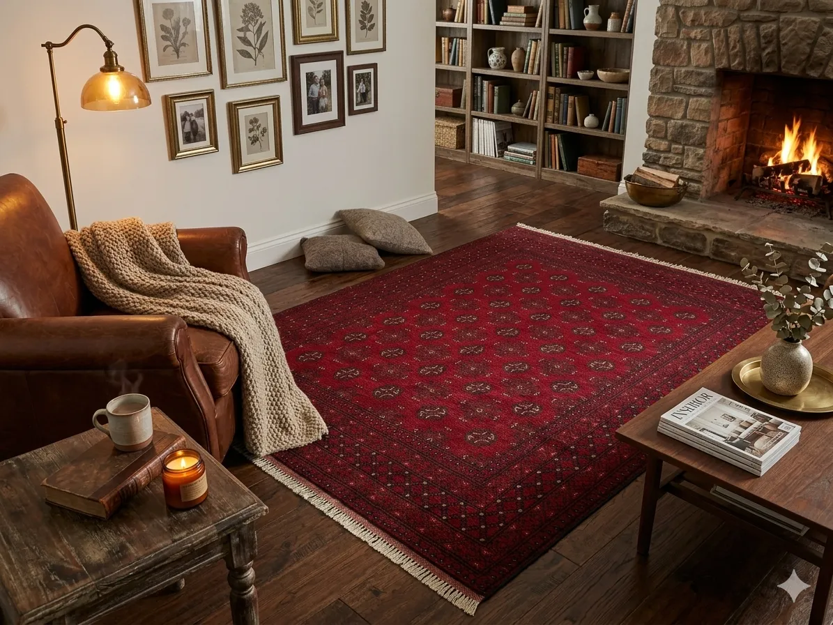 Handmade Afghan Bokhara, Size: 238 x 173 cm,  deep madder red, 100% High-quality wool pile, Primarily natural vegetable dyes.