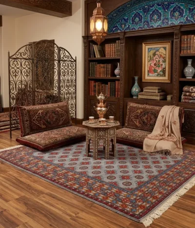 Handmade Bokhara (Tribal Geometric), Size: 243 x 168 cm, steel-blue field combined with the multi-colored geometric borders, Dense plush wool pile with a soft handle, characteristic of high-quality hand-knotted pieces.