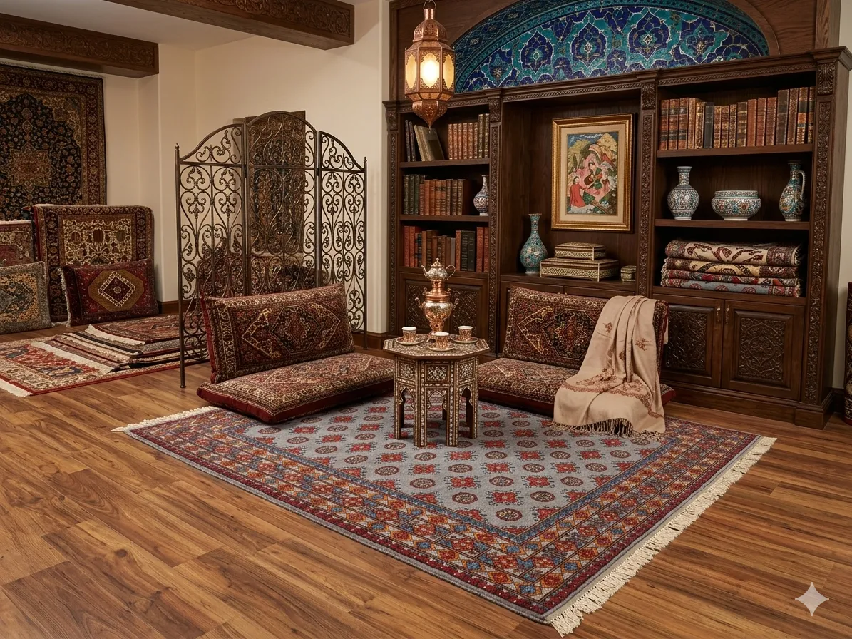 Handmade Bokhara (Tribal Geometric), Size: 243 x 168 cm, steel-blue field combined with the multi-colored geometric borders, Dense plush wool pile with a soft handle, characteristic of high-quality hand-knotted pieces.