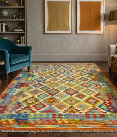Handwoven Kilim rug, Size: 294 x 197 cm, Traditional geometric diamond motifs. Rich tapestry of turquoise, sunset orange, deep crimson & earthy mustard tones.