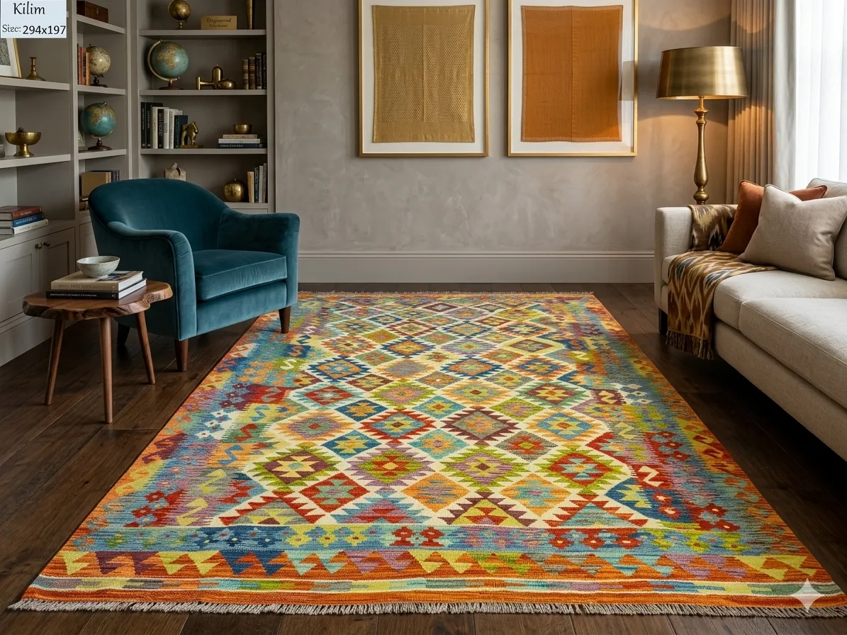 Handwoven Kilim rug, Size: 294 x 197 cm, Traditional geometric diamond motifs. Rich tapestry of turquoise, sunset orange, deep crimson & earthy mustard tones.