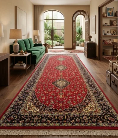 Kashan Hallway runner, Size: 395 x 145 cm, Triple Medallion layout set against a rich crimson field. Shah Abbasi floral motifs and elegant scrolling vine-work. 350 knots wool on cotton quality.