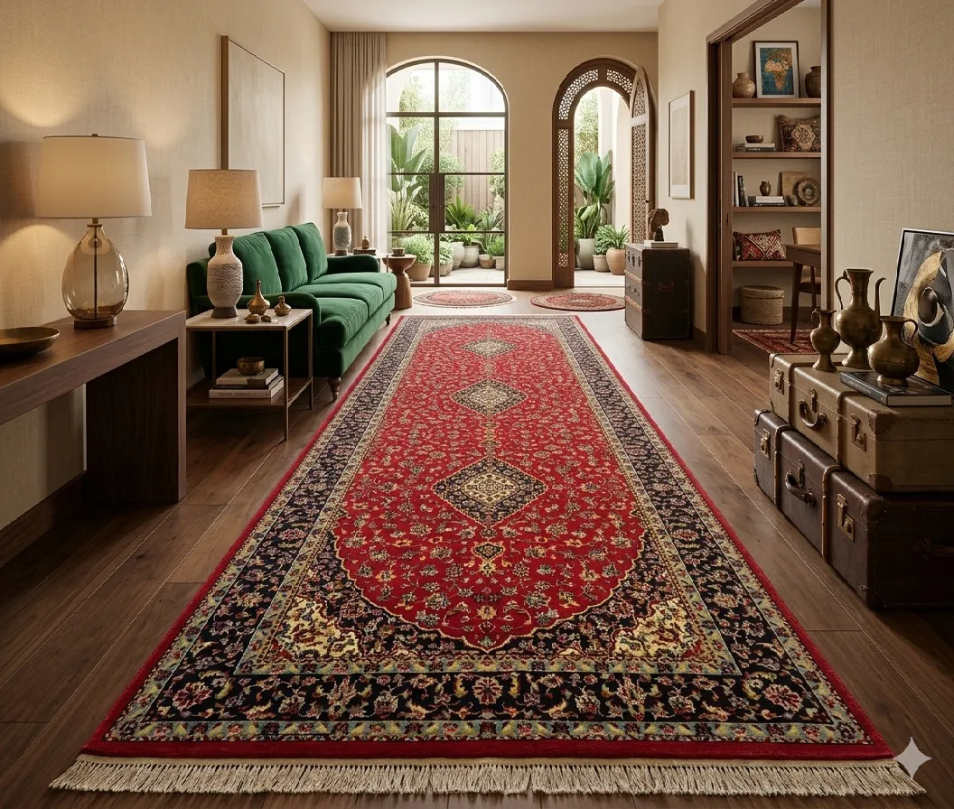 Kashan Hallway runner, Size: 395 x 145 cm, Triple Medallion layout set against a rich crimson field. Shah Abbasi floral motifs and elegant scrolling vine-work. 350 knots wool on cotton quality.