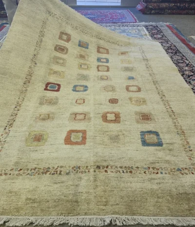 Persian Gabbeh rug, Size: 233 x 170 cm, Hand-knotted tribal aesthetic and thick, luxurious pile, heavy, lustrous wool quality & natural vegetable dyes.