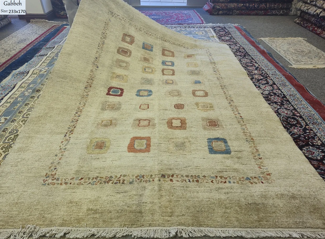 Persian Gabbeh rug, Size: 233 x 170 cm, Hand-knotted tribal aesthetic and thick, luxurious pile, heavy, lustrous wool quality & natural vegetable dyes.