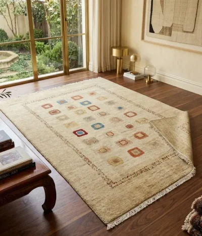 Persian Gabbeh rug, Size: 233 x 170 cm, Hand-knotted tribal aesthetic and thick, luxurious pile, heavy, lustrous wool quality & natural vegetable dyes.