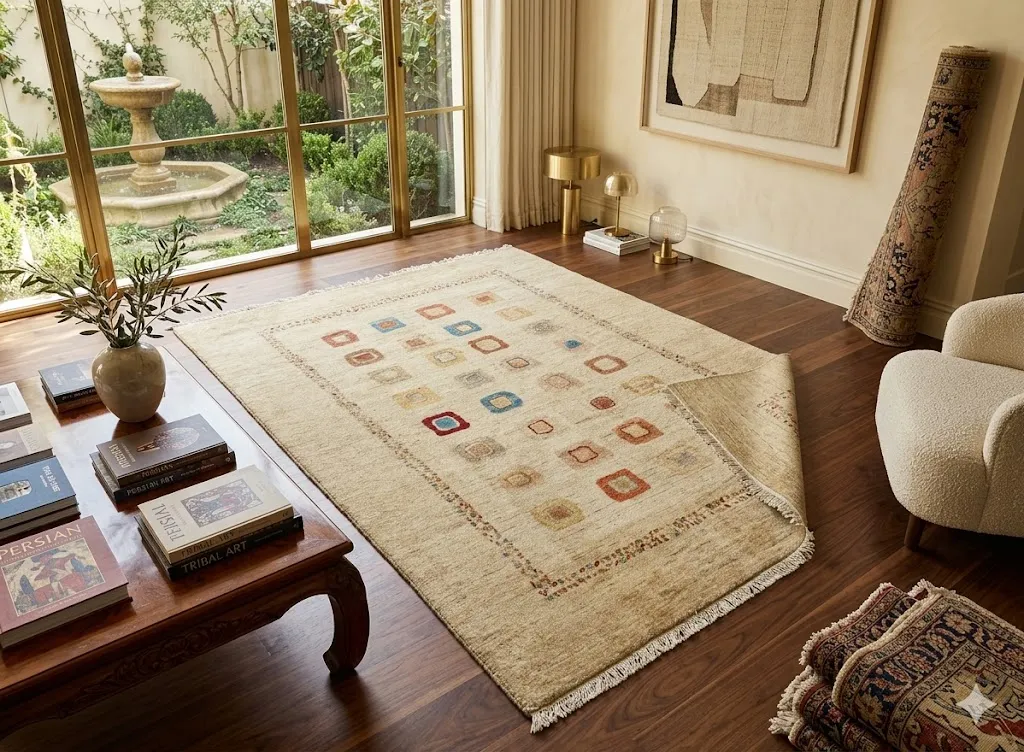 Persian Gabbeh rug, Size: 233 x 170 cm, Hand-knotted tribal aesthetic and thick, luxurious pile, heavy, lustrous wool quality & natural vegetable dyes.