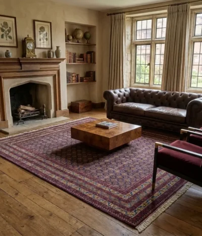 Premium Bokhara rug, Size: 200 x 145 cm, Fine hand-knotted by kurk wool & vegetable dye, Repeating Tekke Gul in a deep burgundy & navy blue foundation is highlighted by vibrant gold & green accents within the geometric borders pattern.