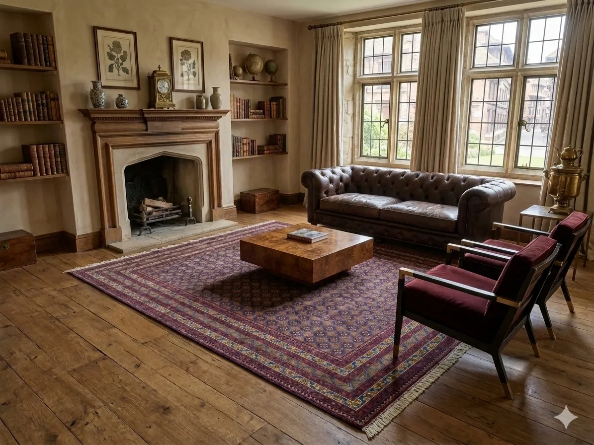 Premium Bokhara rug, Size: 200 x 145 cm, Fine hand-knotted by kurk wool & vegetable dye, Repeating Tekke Gul in a deep burgundy & navy blue foundation is highlighted by vibrant gold & green accents within the geometric borders pattern.