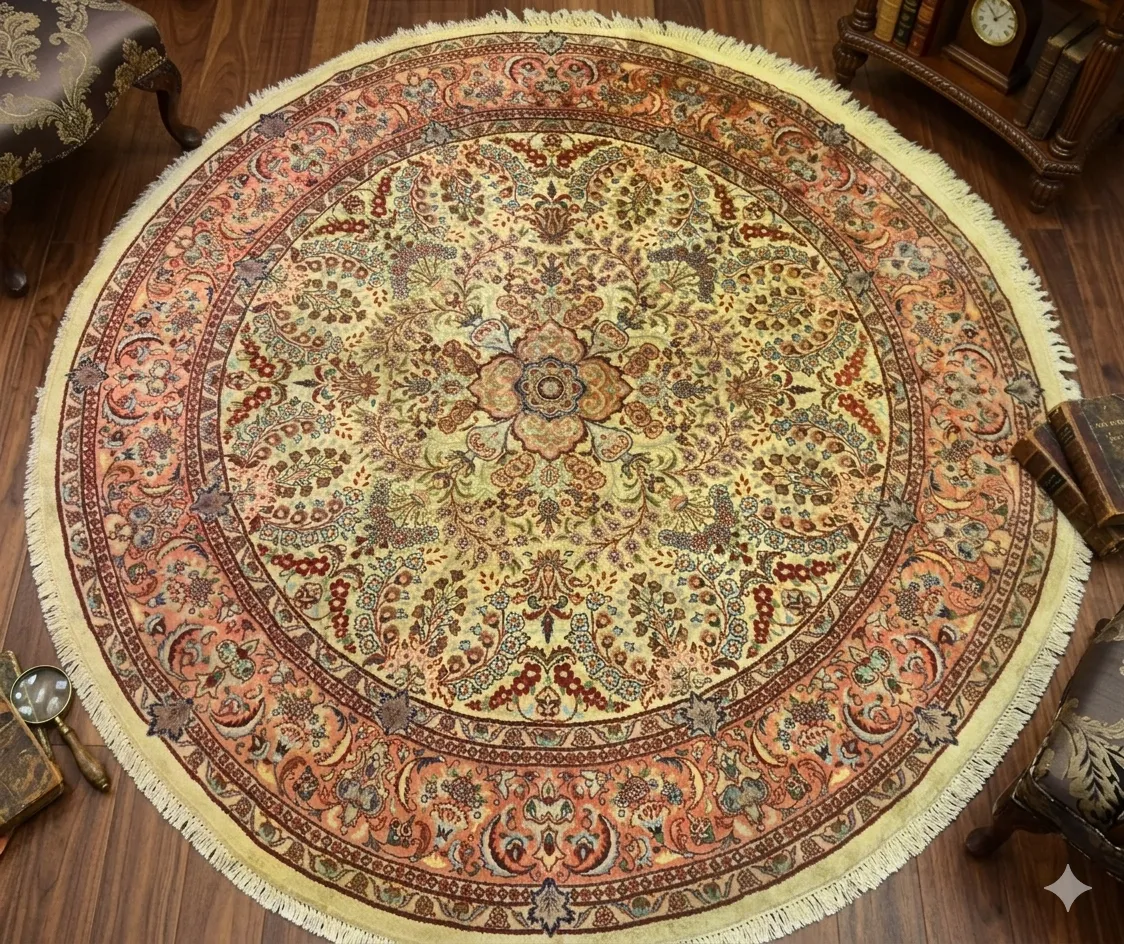 Hand-Knotted round silk Isfahan rug, Size: 254 x 251 cm, Floral central medallion surrounded by an "Islimi" arabesque pattern, Terracotta Red, Deep Blue, and Soft Gold, Premium silk on Kork wool.