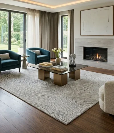 Turkish Modern contemporary carpet, Size: 220 x 150 cm, silver swirl design, Polyester, Machine made.