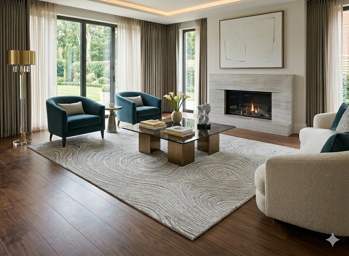 Turkish Modern contemporary carpet, Size: 220 x 150 cm, silver swirl design, Polyester, Machine made.
