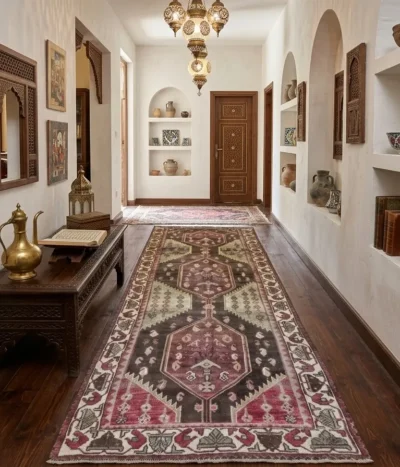 Vintage hand-knotted Baluch runner, Size: 288 x 110 cm, geometric tribal design, deep walnut brown, 100% wool pile on wool foundation.