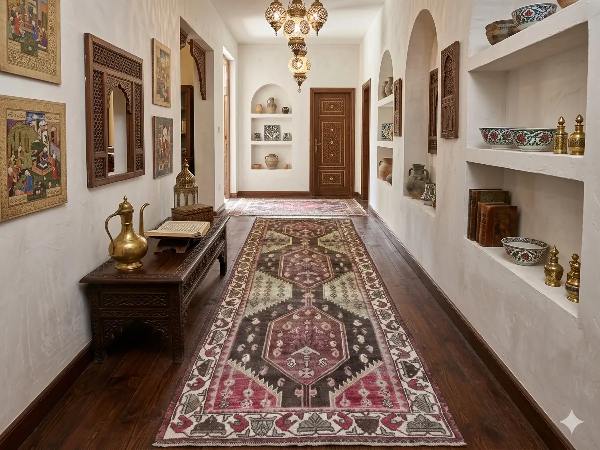 Vintage hand-knotted Baluch runner, Size: 288 x 110 cm, geometric tribal design, deep walnut brown, 100% wool pile on wool foundation.