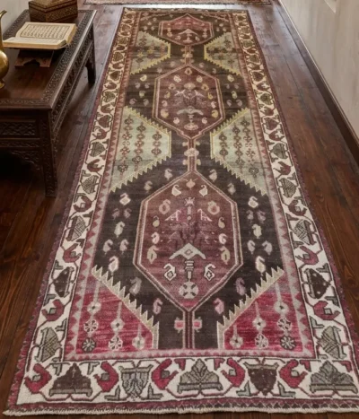 Vintage hand-knotted Baluch runner, Size: 288 x 110 cm, geometric tribal design, deep walnut brown, 100% wool pile on wool foundation.
