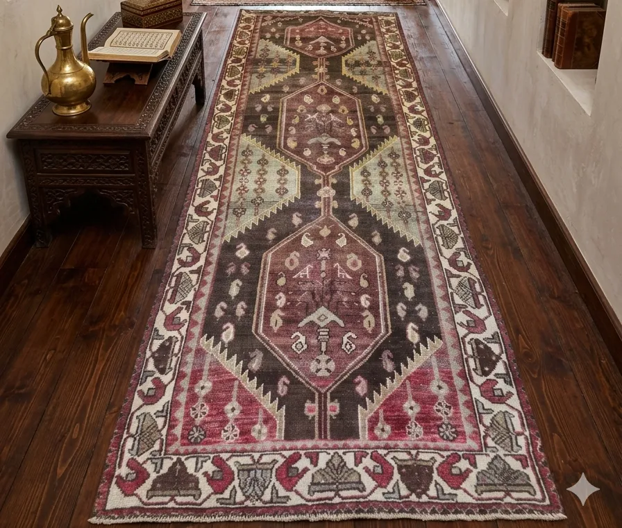 Vintage hand-knotted Baluch runner, Size: 288 x 110 cm, geometric tribal design, deep walnut brown, 100% wool pile on wool foundation.