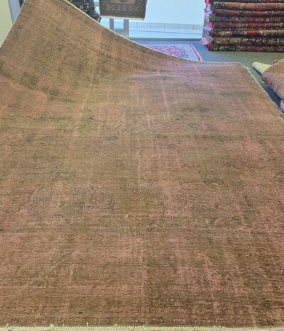 Vintage Distressed rug, Size: 377 x 287 cm, 100% Hand-Knotted Wool, fusion of antique soul and modern, Faded Rose, Terracotta, and Earthy Umber.