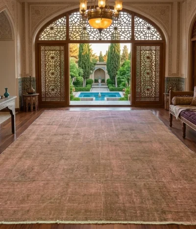 Vintage Distressed rug, Size: 377 x 287 cm, 100% Hand-Knotted Wool, fusion of antique soul and modern, Faded Rose, Terracotta, and Earthy Umber.