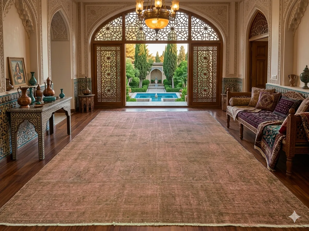 Vintage Distressed rug, Size: 377 x 287 cm, 100% Hand-Knotted Wool, fusion of antique soul and modern, Faded Rose, Terracotta, and Earthy Umber.