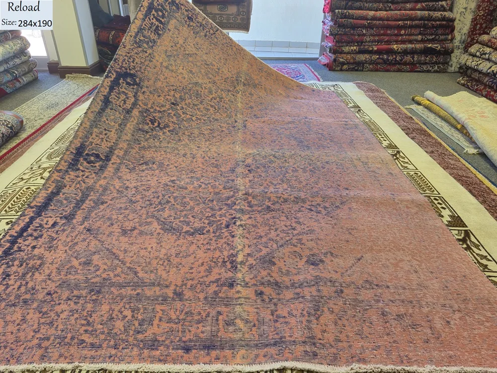 Distressed / Vintage-Wash rug, Size: 284 x 190 cm, 100% Hand-Knotted Wool, fusion of antique soul and modern, Muted Coral & Indigo Blue.