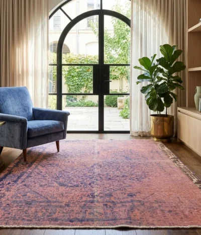 Distressed / Vintage-Wash rug, Size: 284 x 190 cm, 100% Hand-Knotted Wool, fusion of antique soul and modern, Muted Coral & Indigo Blue.