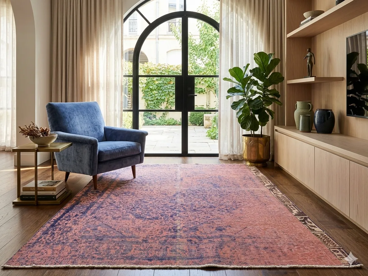 Distressed / Vintage-Wash rug, Size: 284 x 190 cm, 100% Hand-Knotted Wool, fusion of antique soul and modern, Muted Coral & Indigo Blue.