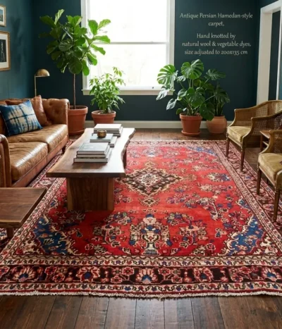 Antique Persian Hamedan carpet, Size: 285 × 193 cm, Hand knotted by natural wool & vegetable dye, R10 000 valuation.