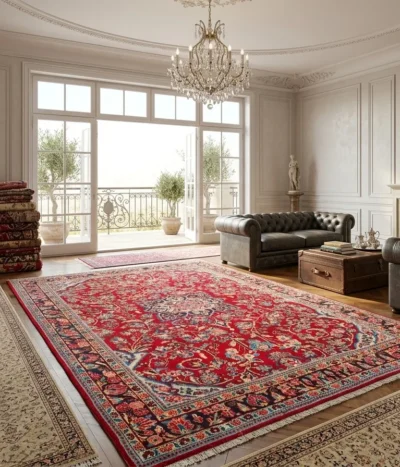 Antique Hand-knotted Mashad rug, Size: 330 x 220 cm, Rich floral medallion pattern with a deep red field and navy borders, High-quality wool on cotton foundation.