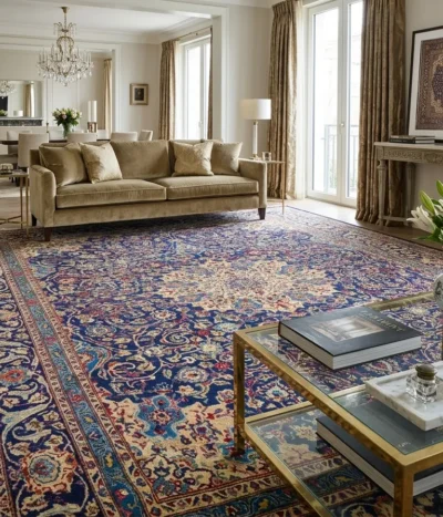 Authentic Hand-knotted Persian Isfahan, Size: 377 x 288 cm, navy blue field with golden central medallion surrounded by an intricate dance of scrolling floral vines and classic paisley motifs, Artist's signature woven in.