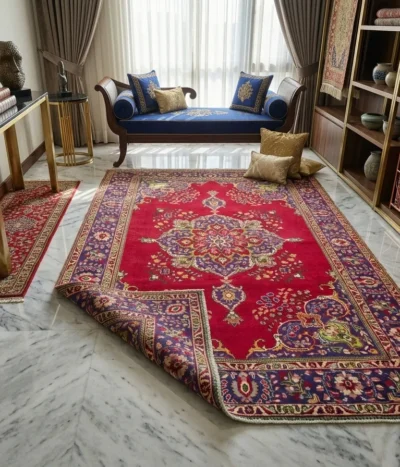 Authentic hand-knotted Tabriz carpet, Size: 290 x 195 cm, intricate 16-pointed central starburst medallion set against a radiant cherry-crimson field, multi-layered, deep indigo main border, Fine-quality wool on cotton foundation.