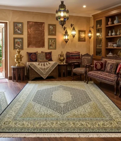 Bijar carpet Size: 350 x 250 cm, ivory, olive, and gold field, 500 knots wool on cotton quality, R15 000 valuation certificate.