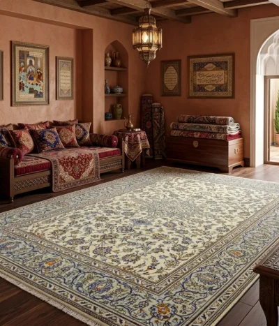 Elegance Hand-knotted Persian Kashan carpet, Size: 296 x 204 cm, Featuring a luminous ivory field, the design is anchored by a magnificent central medallion, surrounded by an intricate dance of Shah Abbasi floral motifs and delicate vine scrolls, Premium quality wool on a cotton foundation.