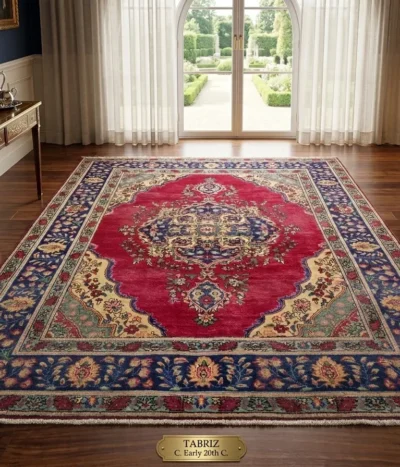 Fine Hand-Knotted Tabriz carpet, Size: 280 x 197 cm, Features an ornate central medallion (Lachak Toranj) with highly detailed floral spandrels and a multi-layered botanical border, Fine-quality wool on cotton foundation.