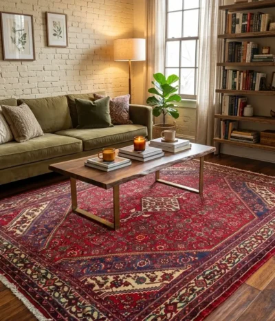 Fine Handmade Hamedan rug, Size: 310 x 205 cm, geometric diamond medallion, crimson red, indigo blue, 100% premium wool pile on a cotton foundation.