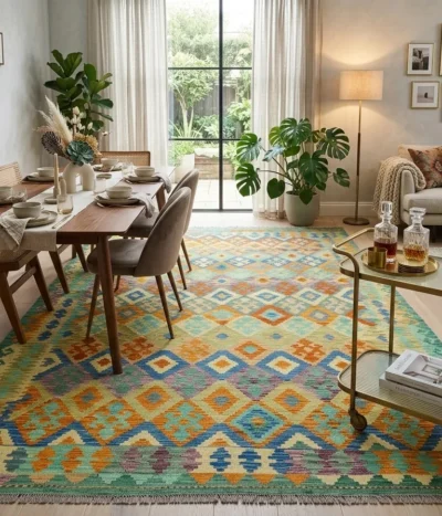 Flat-Weave Afghan Kilim, Size: 301 x 207 cm, Interlocking diamond medallions with a striking zigzag stepped border, golden mustard, terracotta orange, deep teal & bold royal blue accents 100% Hand-spun Wool on a Wool foundation.
