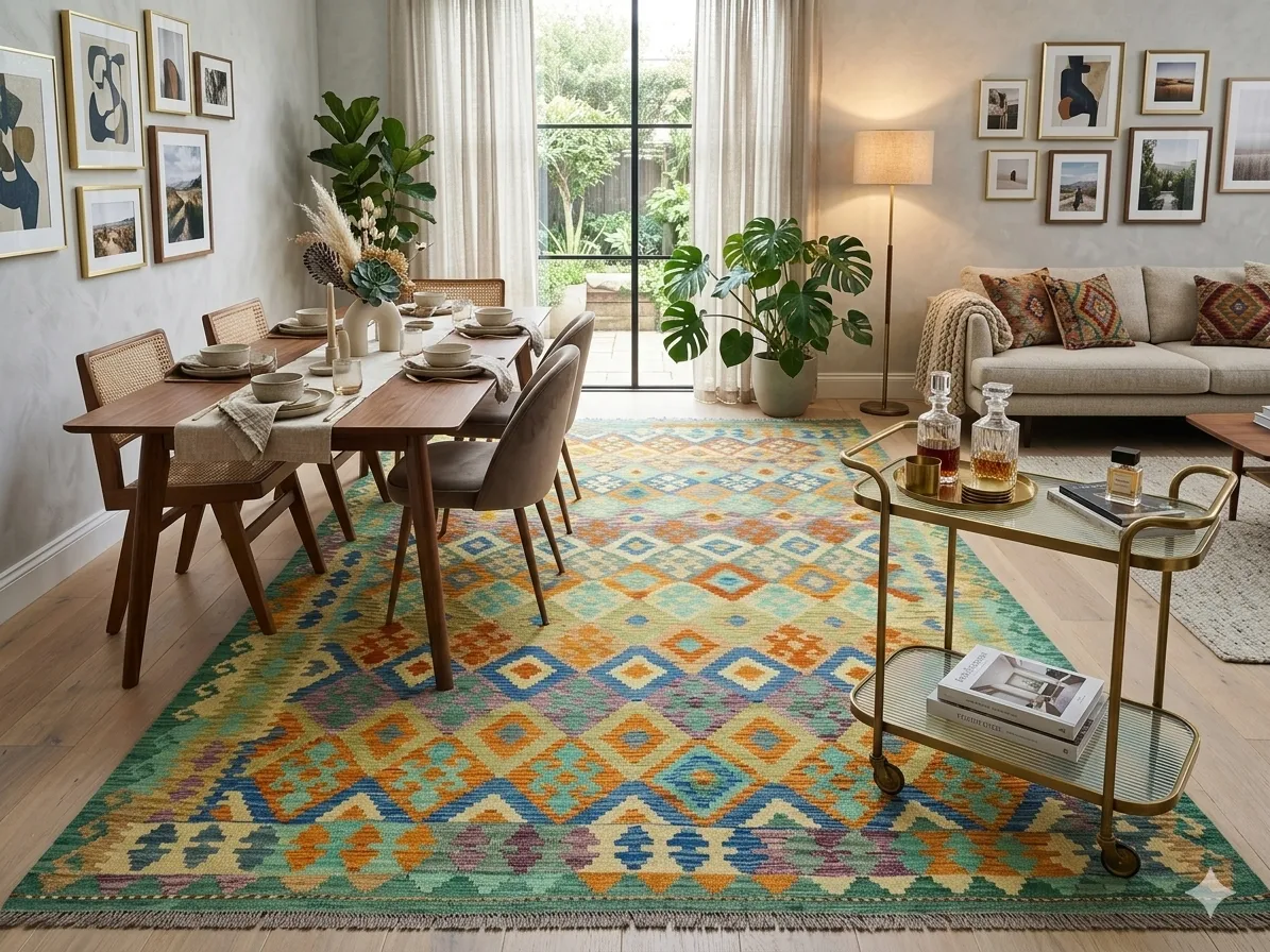 Flat-Weave Afghan Kilim, Size: 301 x 207 cm, Interlocking diamond medallions with a striking zigzag stepped border, golden mustard, terracotta orange, deep teal & bold royal blue accents 100% Hand-spun Wool on a Wool foundation.