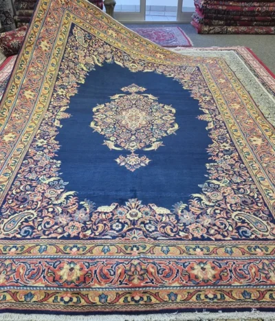 Luxury Hand-knotted Garden Of Heaven Kerman carpet, Size: 306 x 211 cm, Indigo Blue, Madder Red, Cream/Ivory, and Golden Ochre, lustrous wool quality & natural vegetable dyes.