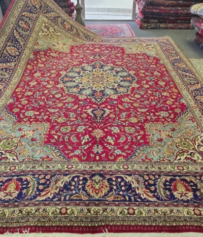 Genuine Hand-knotted Persian Mashad carpet, Size: 380 x 300 cm, Shah Abbasi floral motifs, deep cochineal red (rich crimson) balanced by the navy blue (indigo), Premium quality wool on a cotton foundation.