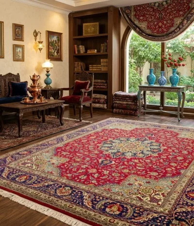 Genuine Hand-knotted Persian Mashad carpet, Size: 380 x 300 cm, Shah Abbasi floral motifs, deep cochineal red (rich crimson) balanced by the navy blue (indigo), Premium quality wool on a cotton foundation.