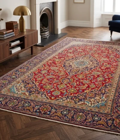 Genuine Hand-Knotted Kashan, Size: 285 x 190 cm, meticulous floral motifs (Shah Abbasi patterns) in crimson red, navy & gold knotted by premium wool on a durable cotton foundation.