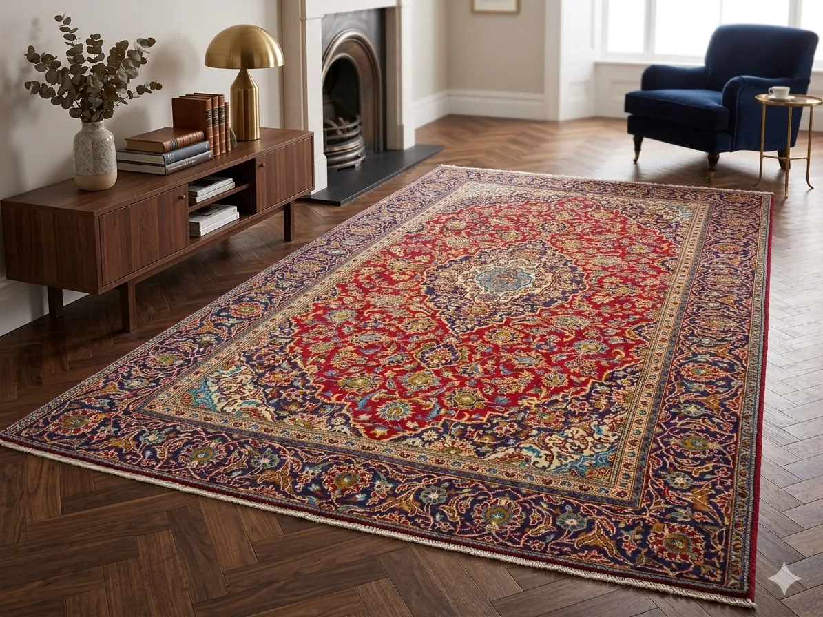 Genuine Hand-Knotted Kashan, Size: 285 x 190 cm, meticulous floral motifs (Shah Abbasi patterns) in crimson red, navy & gold knotted by premium wool on a durable cotton foundation.