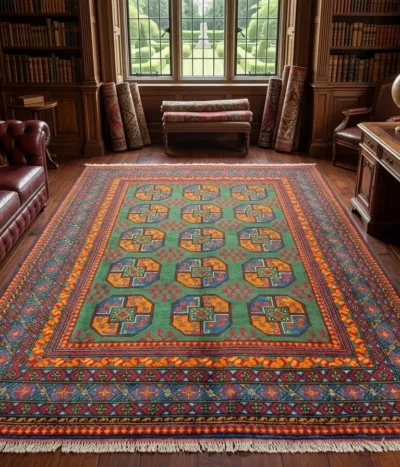 Hand-Knotted Afghan Bokhara rug, Size: 240 x 168 cm, A rare and lush Emerald Green, Tekke Gül (Elephant Foot) octagonal motif, Crafted from premium wool with a lustrous finish.
