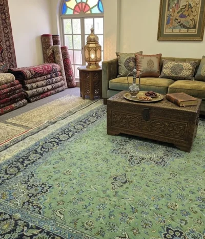Mint Green Nain rug, Size: 300 × 200 cm, Garden of Heaven design, 400 knots per square, wool on cotton, R12 000 valuation certificate.