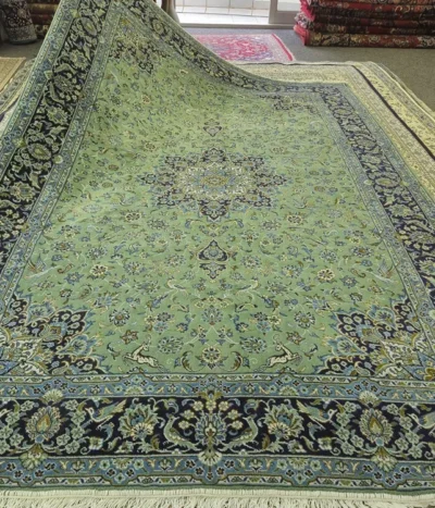 Mint Green Nain rug, Size: 300 × 200 cm, Garden of Heaven design, 400 knots per square, wool on cotton, R12 000 valuation certificate.