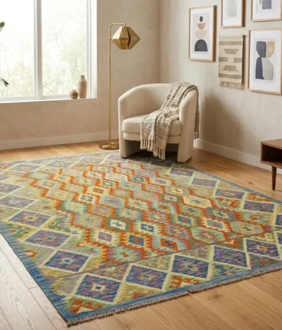 Hand-Woven Afghan Flatweave, Size: 297 x 212 cm, features a classic stepped diamond lattice design, terracotta, turquoise, sage green, and lavender, framed by a deep indigo-toned geometric border, 100% Hand-spun Wool on a Wool foundation.
